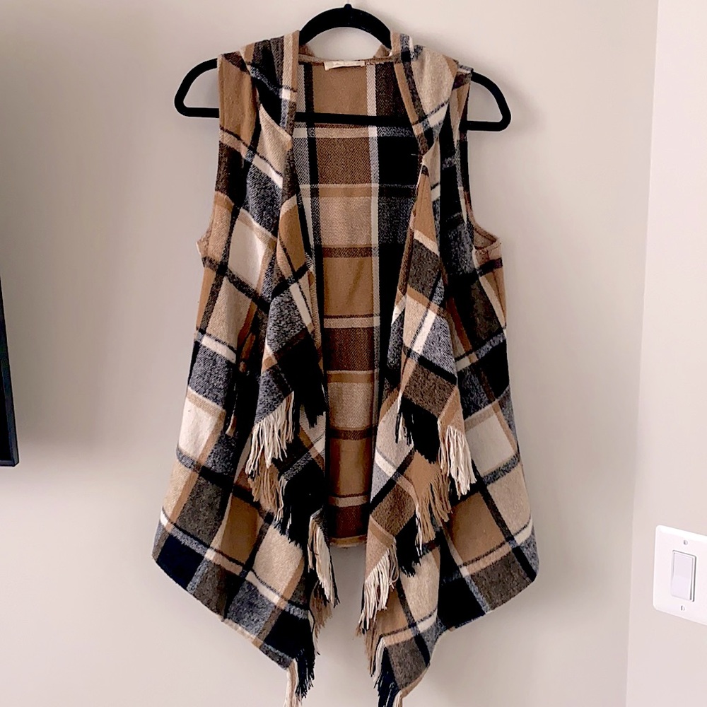 Altar’d State BrownBlack Hooded Plaid Flannel Vest